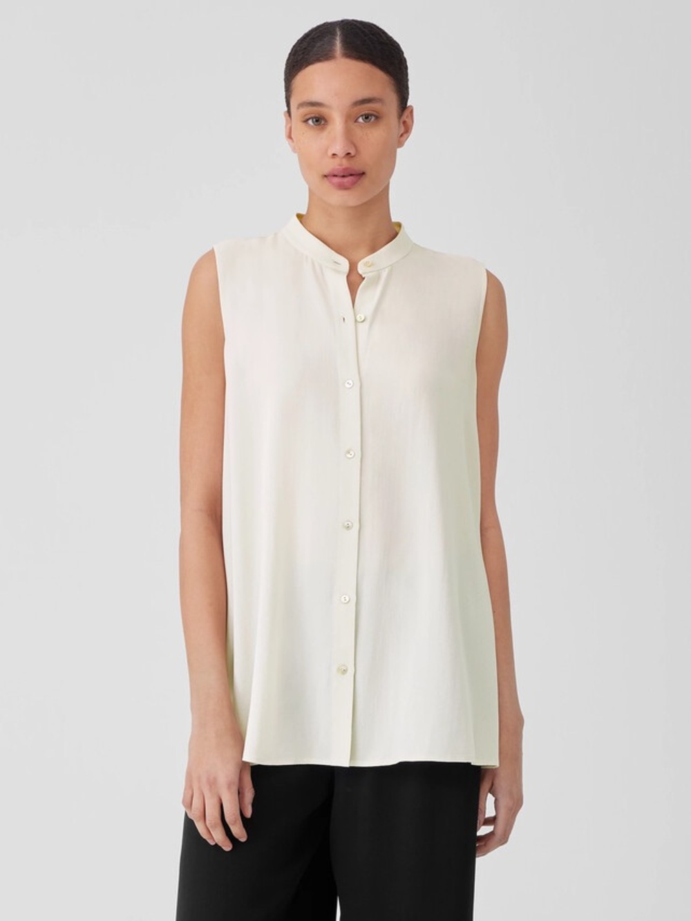 Eileen Fisher Quiet Luxury 100% Silk Georgette Crepe Sleeveless Shirt Ivory